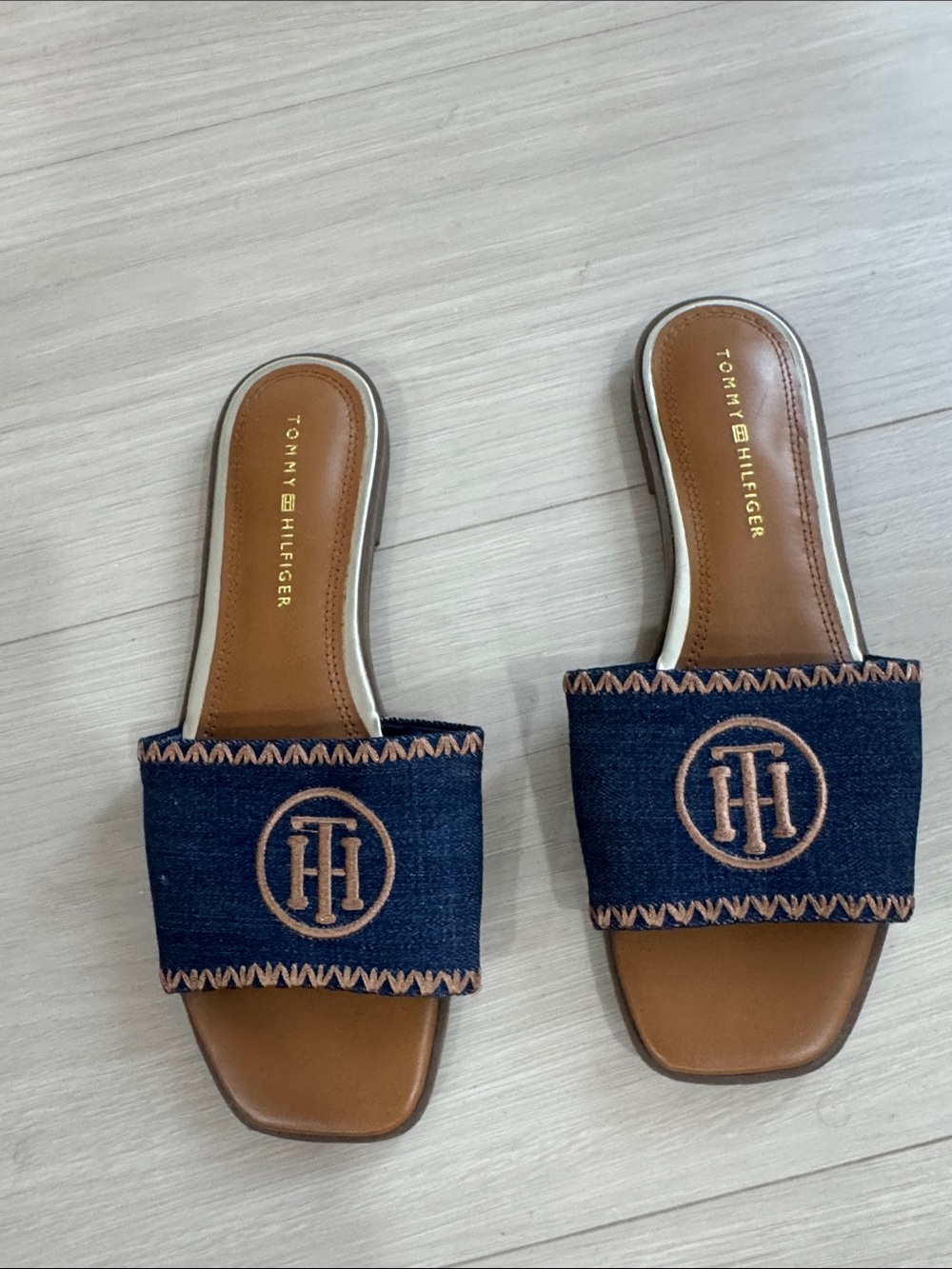 Tommy Hilfiger Navy Denim Slide Mules with Tan Footbed